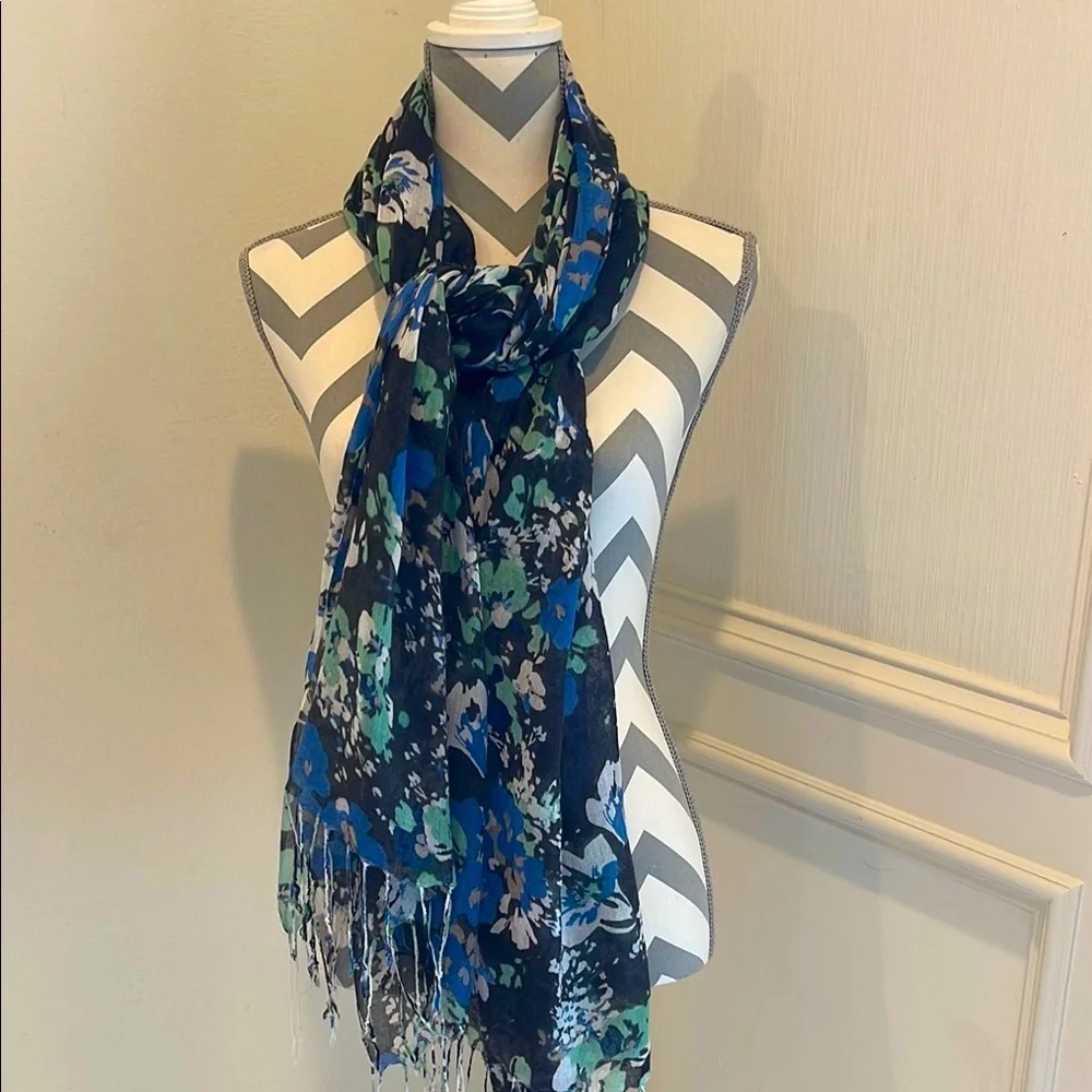 Floral Blue Black Scarf Women's Shawl Patterned Botanical Soft Lightweight Wrap